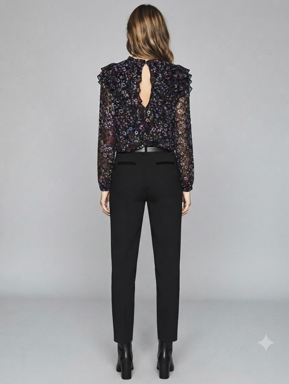Reiss Black Sheer Floral Ruffle Blouse with Pink and Purple Accents - Picture 5 of 15